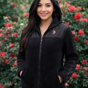 U.S. Polo Assn Black Hooded Fleece Jacket Youth XL (16) Full Zip Logo Coat